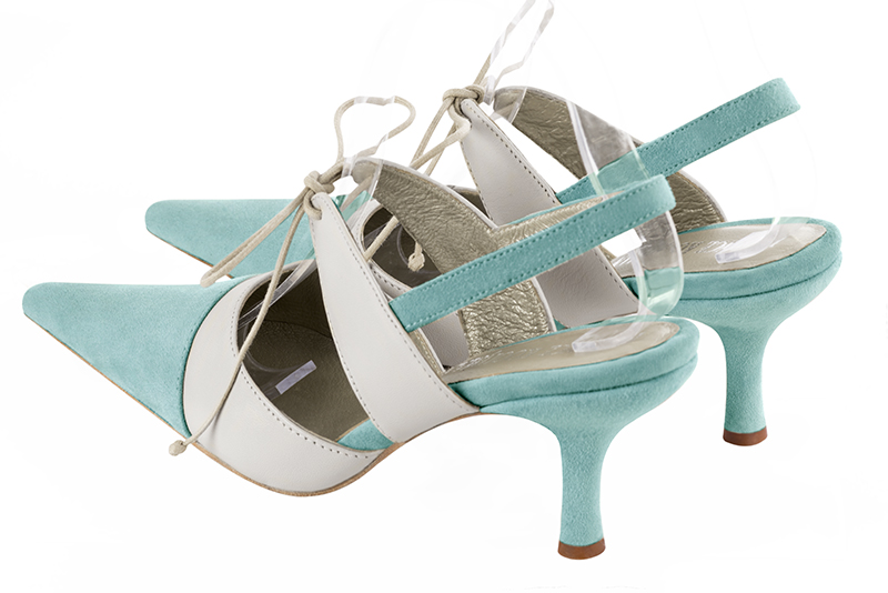 Aquamarine blue and pure white women's open back shoes, with an instep strap. Pointed toe. High slim heel. Rear view - Florence KOOIJMAN